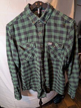 PERRY ELLIS America Sz M Mens Dark Green Plaid Flannel Button Down Shirt Lng Slv